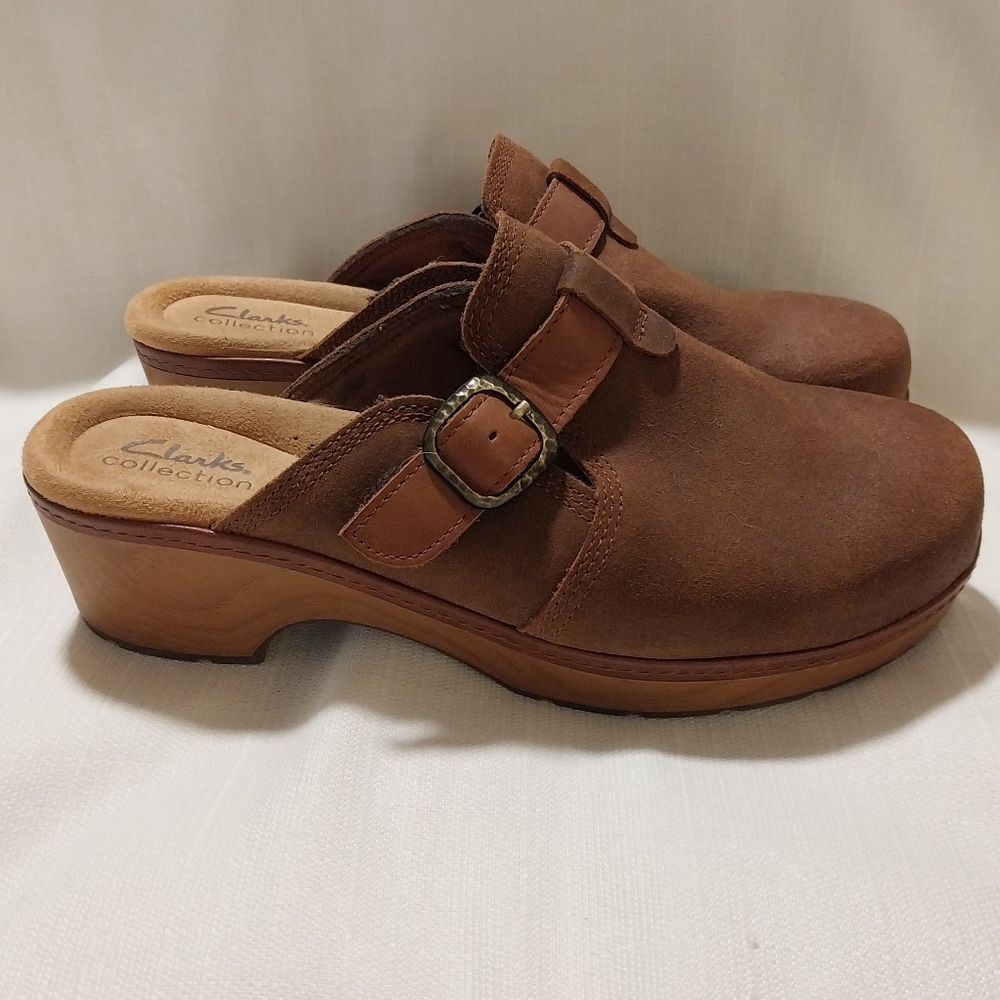 Clarks Collection Paizlee Brown Suede Clogs with Adjustable Buckle Strap